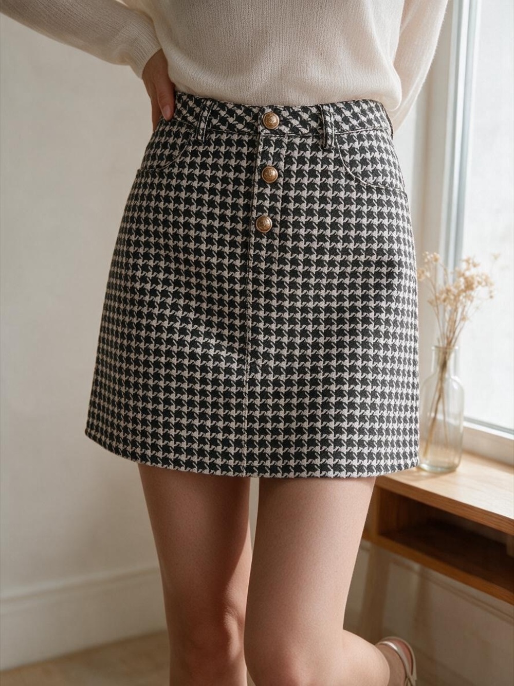 Missguided Black White Houndstooth Button-Front Mini Skirt US 4 Cotton Denim
